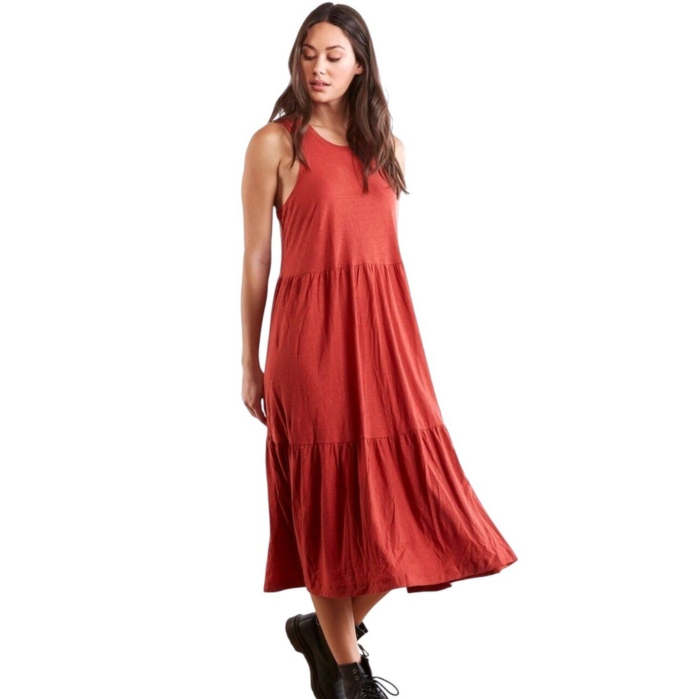 Nation LTD Melissa Dress Vintage Red Pima Cotton Tiered Midi Sleeveless Womens M